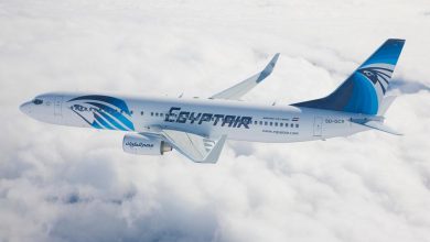 إحدى طائرات الطيران المصري تحمل شعار حورس متبوعا باسم الشركة